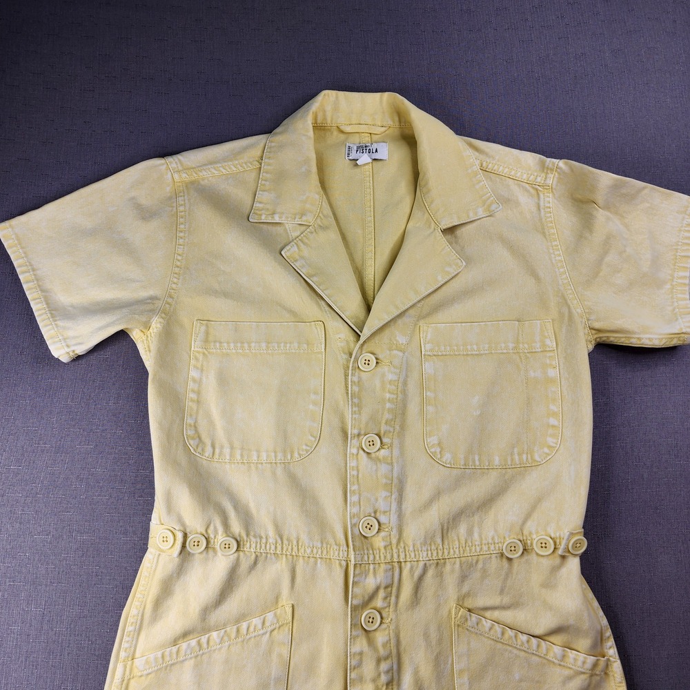 Pistola Yellow Denim Romper Womens Small Acid Wash Utility Button Front Playsuit - Picture 9 of 14